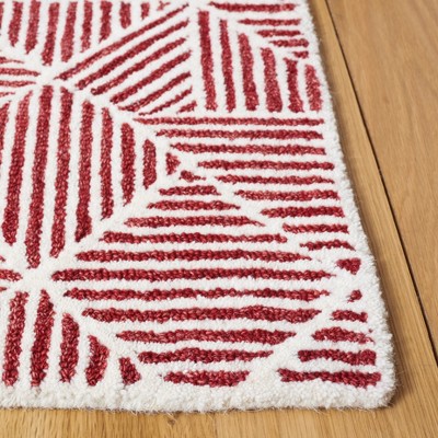 Ivory and Red Abstract Geometric Wool Area Rug, 5' x 8'