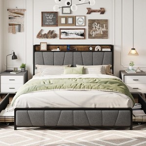 Bed Frame with Charging Station, Rustic Linen Upholstered Platform Bed Frame with Storage Headboard, No Box Spring Needed - 1 of 4