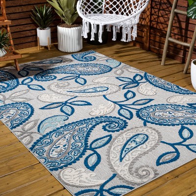 Boho Paisley Blue and Light Gray Synthetic 3x5 Indoor/Outdoor Rug