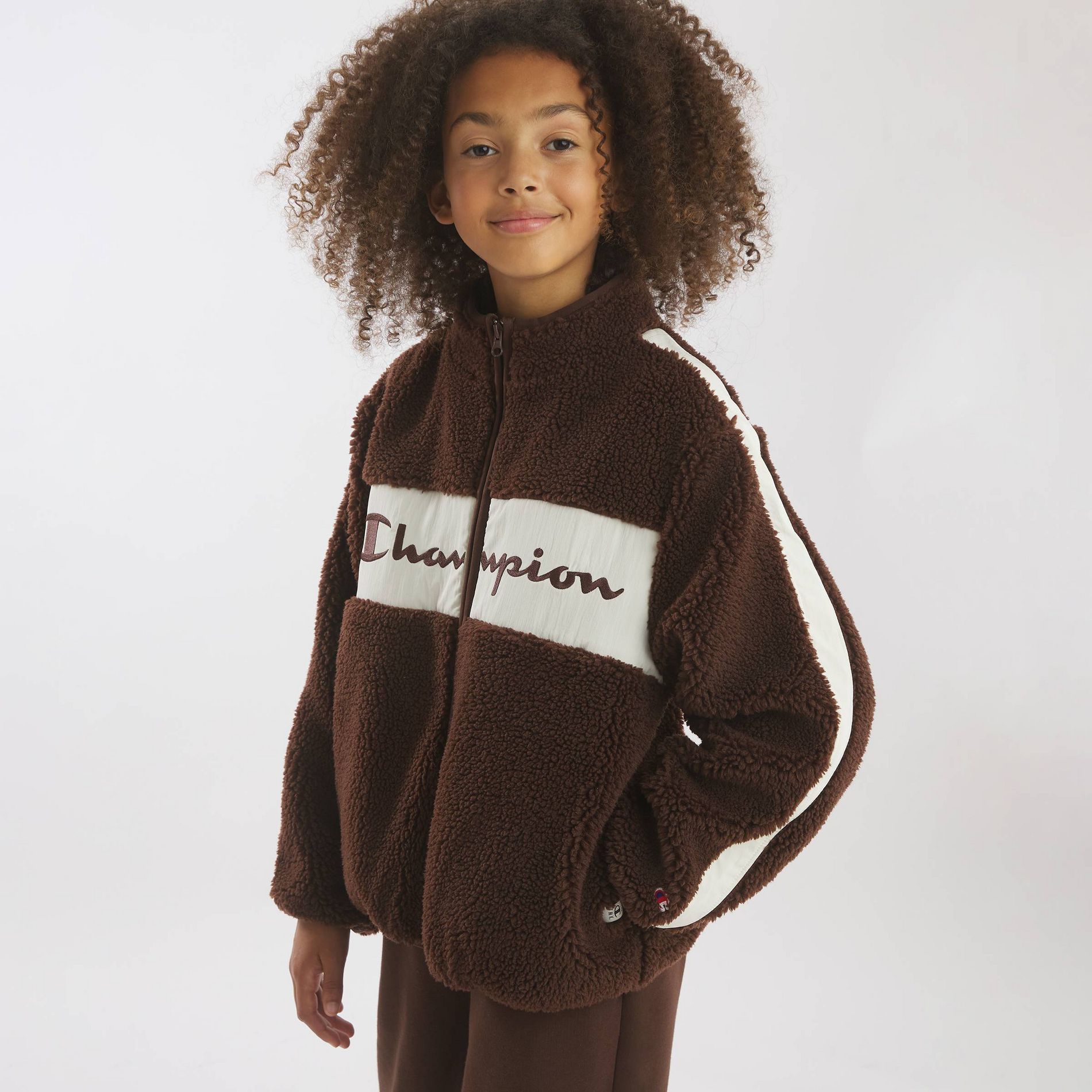 Champion Girls' Faux Shearling Zip-Up Sweatshirt - Brown L