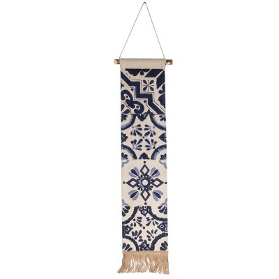 7" x 33" Zocalo Tonal Blue Hand-Painted Clay Tile Pattern Wall Hanging w/ Jute Fringe