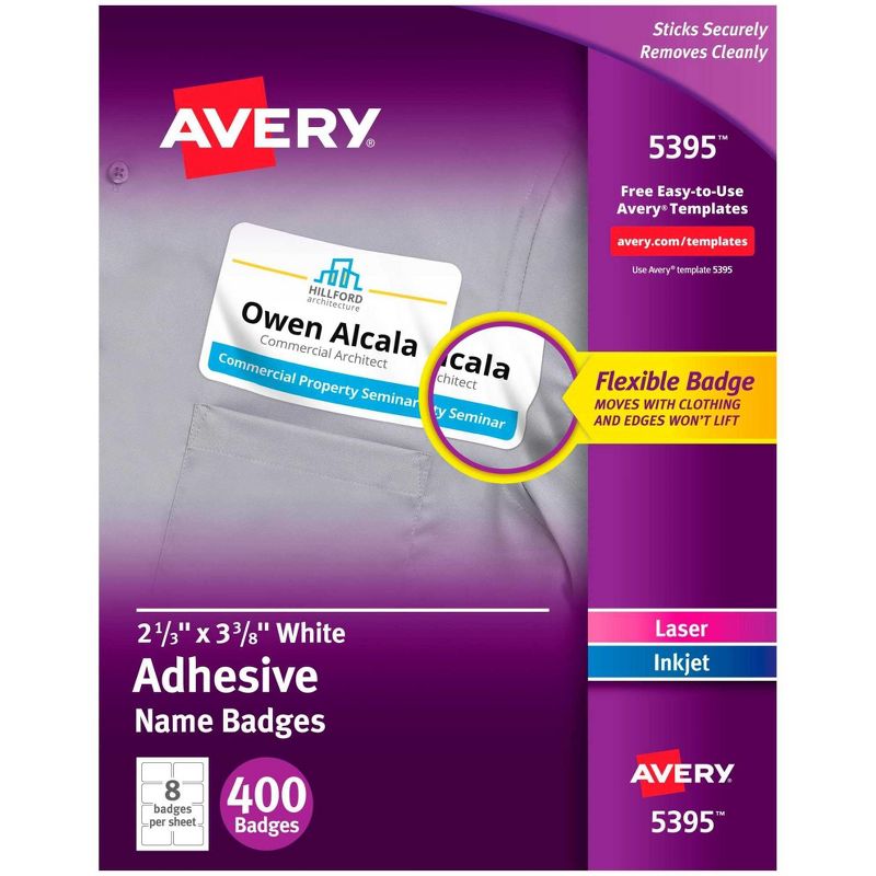 Avery Adhesive Name Badges, 2-1/3 x 3-3/8 Inches, White, Pack of 400, 1 of 2