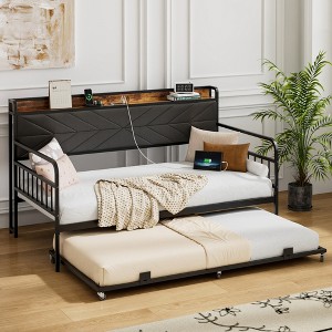 VECELO Daybed with Trundle Bed, Bed Frame with Storage Headboard and Charging Station, Sofa Day Bed with Strong Support for Living Room or Bedroom - 1 of 4