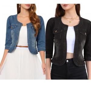 INSPIRE CHIC Women's Collarless Pockets 3/4 Sleeve Crop Denim Jackets 2 Pieces - 1 of 4