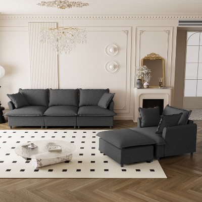 3PC Sofa Set, Modular Chenille Upholstered Sectional Sofa, 3 Seater Sofa with Armchair & Movable Ottoman, 5 Seat Indoor Furniture Set - ModernLuxe