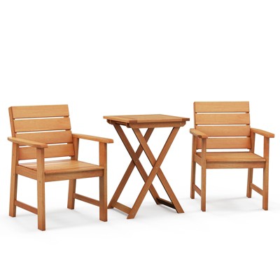 Tangkula 3PCS Outdoor Wood Bistro Set w/ 2 Hardwood Chairs & Folding Bistro Table Slatted Seat & Tabletop Patio