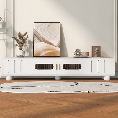 Modern TV Stand for TVs Up to 80 Inches, Glass Door, 2 Drawers and Cabinets, Solid Wood Legs, Metal Handles TV Storage Cabinet for Living Room