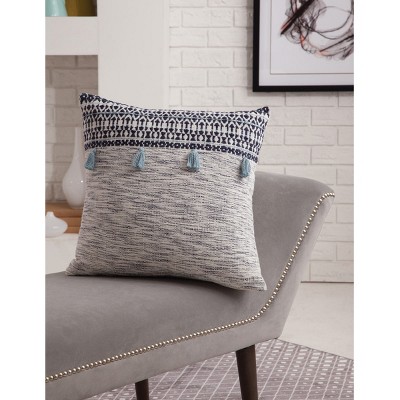 Yukimo Orell Navy/White Throw Pillow, Bohemian Style Decorative Pillow with Tassels, Geometric Stripe Design, Plush Polyester Insert Included