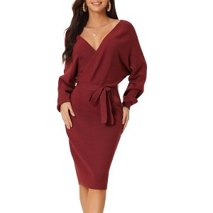 Seta T Women's Deep V Neck Wrap Batwing Sleeve Belted Bodycon Midi Sweater Dress - 1 of 4