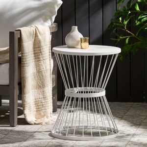 Okak 16" Outdoor/Indoor Side Table Modern Iron End Table Hourglass Open Cage Design Decorative Bistro Table for Patio Garden Yard Deck, White - 1 of 4