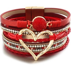 Leather Wrap Bracelet with Heart-Shape Decor & Crystal Beads, Bohemian Cuff Bangle for Women & Girls - 1 of 4