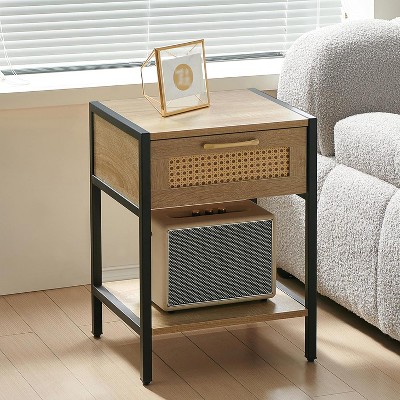 Acekool Rattan Nightstand with Drawer, Metal Legs & Adjustable Feet, Farmhouse Style Small Side Table for Bedroom and Living Room,Natural