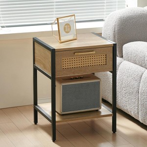 Acekool Rattan Nightstand with Drawer, Metal Legs & Adjustable Feet, Farmhouse Style Small Side Table for Bedroom and Living Room,Natural - 1 of 4