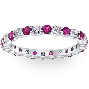 Pompeii3 1 cttw Ruby & Diamond Wedding Eternity Stackable Ring 10k White Gold - 1 of 4