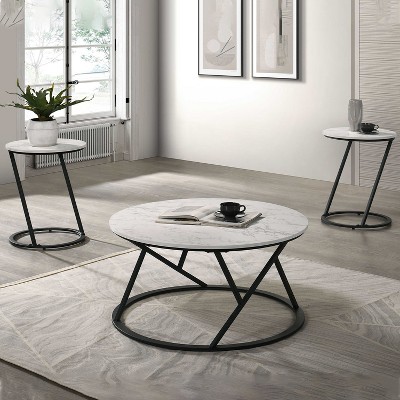 CLIHOME 3 Pieces Modern Abstract Decorative Round Table Set Coffee Tables With Metal Base
