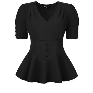 INSPIRE CHIC Women's Vintage Solid Victorian Puff Sleeve Steampunk Lace Up Blouse - 1 of 4