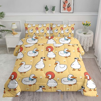 Cartoon Duck Comforter Set Twin Size – 3Pcs Cute White Goose Bedding with Botanical Flowers, Farmhouse Quilt Set for Women & Men