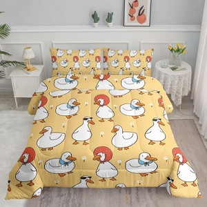Cartoon Duck Comforter Set Twin Size – 3Pcs Cute White Goose Bedding with Botanical Flowers, Farmhouse Quilt Set for Women & Men - 1 of 4