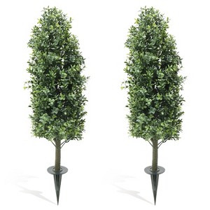 Artificial Boxwood Plant Set of 2, Artificial Trees with Integrated Ground Stake Indoor Outdoor Artificial Planter - 1 of 4