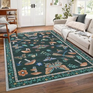 Acekool Washable 5x7 Area Rug, Modern Floral Insect Print, Non Slip Low Pile Soft Stain Resistant Indoor Carpet, Black - 1 of 4
