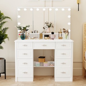 Famapy White 43.3"W 3 Mirrored Vanity Table With Lights and Storage Drawers - 1 of 4