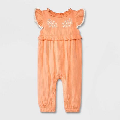 Image of Baby Girls' Solid Sleeveless Romper - Cat & Jack™ Orange 0-3M
