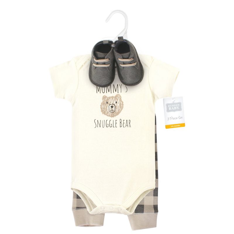 Hudson Baby Cotton Bodysuit, Pant and Shoe Set, Snuggle Bear Short Sleeve, 2 of 6