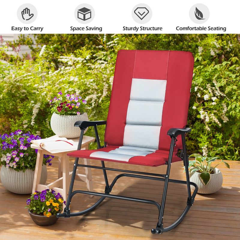 Costway Foldable Rocking Padded Chair Portable Camping Chair with Backrest Armrest Red\Blue, 4 of 11