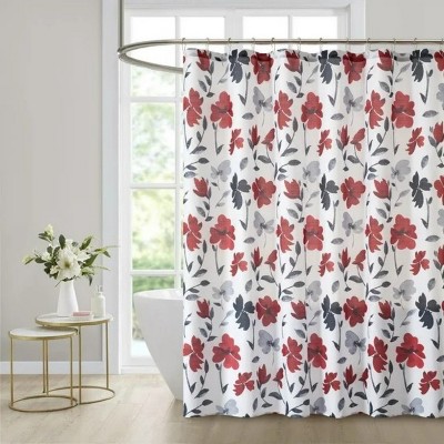 LunaLulinlk Black Red and Grey Floral Shower Curtain