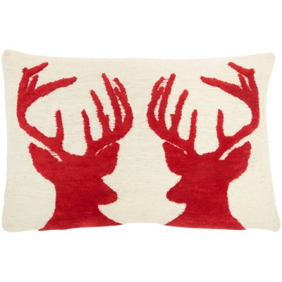 12"x18" Chenille Woven Deer Christmas Throw Pillow Ivory/Red - Mina Victory