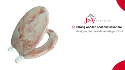 Pink Marble Print Round Wooden Toilet Seat with Metal Hinges