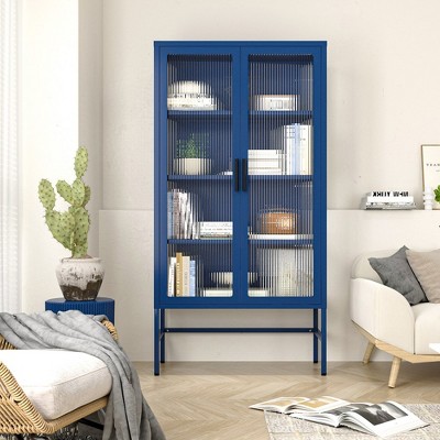 Double Glass Door Storage Cabinet with Adjustable Shelves and Feet Cold-Rolled Steel Sideboard Furniture for Living Room Kitchen