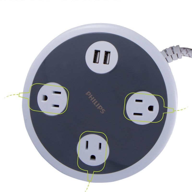 Philips 3-Outlet 450J Surge Protector Orb with 2USB Charging, 8' Braided Cord - White, 6 of 8