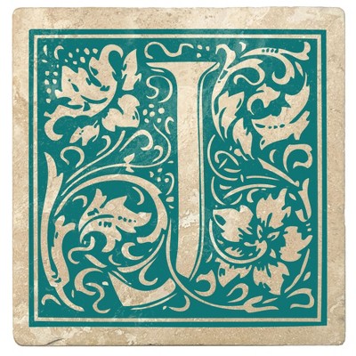 Christmas by Krebs Set of 4 Ivory and Teal Blue Alphabet "J" Square Monogram Coasters 4"