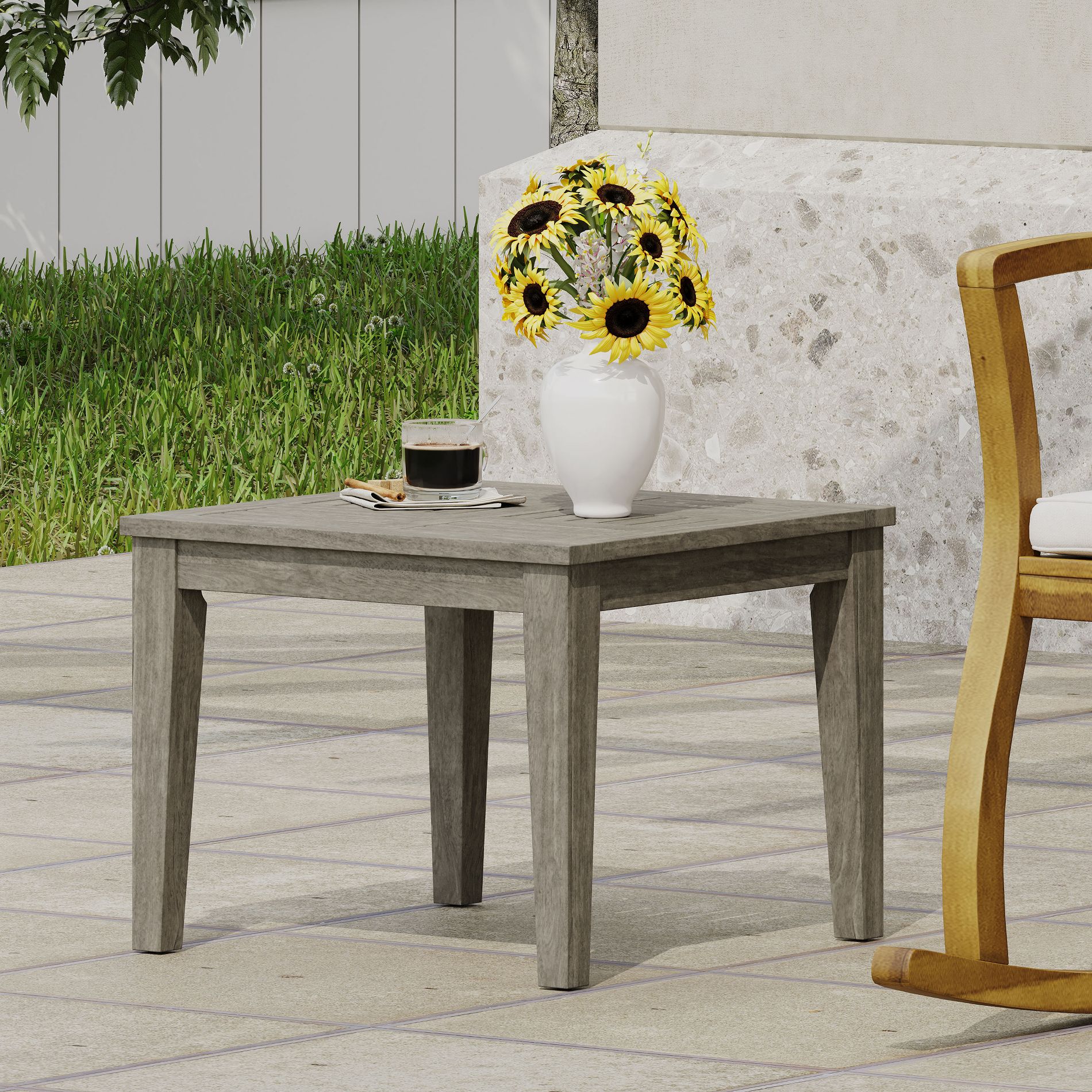 20" Outdoor Acacia Wood Side Table, Square Patio Accent Table for Garden, Balcony, Porch and Deck, Gray