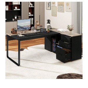 71in Black L Shaped Desk Executive Desk With Power Outlets With File Cabinet For Home - 1 of 4