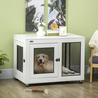 Large White Wooden Dog Crate Table with Mesh Panels