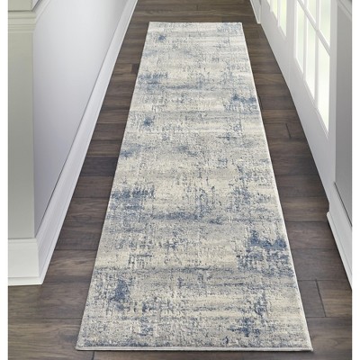 Ivory Blue Abstract Rustic Textures Runner Rug