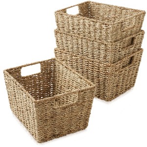 Casafield 4pk Water Hyacinth Seagrass Storage Baskets with Handles, Woven Wicker Rectangular Storage Bins for Shelves, Blankets, Laundry Organization - 1 of 4