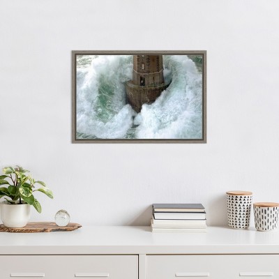 Stormy Lighthouse Lithograph on Canvas with Grey Frame