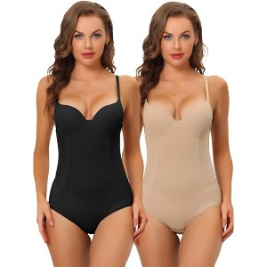 Allegra K Women's Adjustable Shoulder Strap Full Waist Tummy Control Bodysuits 2 Pcs - 1 of 4