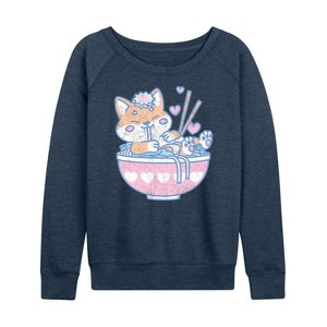 Women's - Instant Message - Kawaii Ramen Shiba Inu Lightweight French Terry Wide Neck Long Sleeve Graphic Shirt - 1 of 4