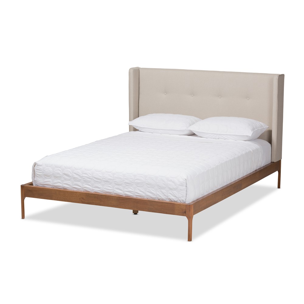 Photos - Bed Frame King Brooklyn Mid Century Modern Walnut Wood Fabric Upholstered Platform B