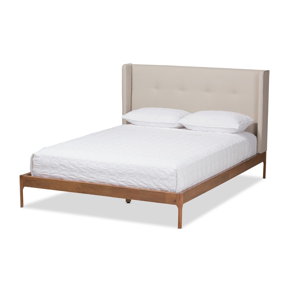 Photos - Bed Baxton Studio King Brooklyn Mid Century Modern Walnut Wood Fabric Upholstered Platform  Beige: Metal Frame, No Box Spring