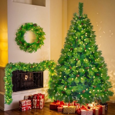 SeaCamel 6FT Aspen Fir Pre-Lit Christmas Tree - Wreath & Garland, 861 PE Tips, 380 LEDs (11 Modes), Grass Green Indoor Decor
