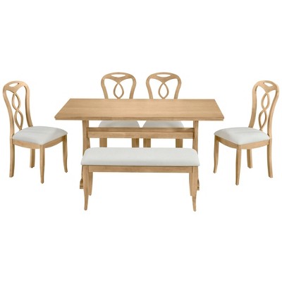 NicBex Dining Table Set for 6 Kitchen Table Retro Trestle Dining Table Set with Upholstered Dining Chairs and Bench for Dining Room, Brown