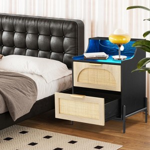 Rattan Nightstand with Charging Station, Wooden Accent End Table with 2 Drawers, Sofa Side Table for Living Room Bedroom - 1 of 4