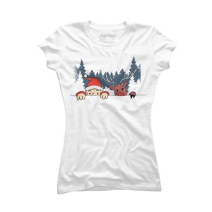 Junior's Design By Humans Christmas Santa And Rudolph Peaking By rasok T-Shirt - 1 of 3