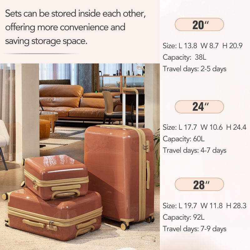 3pc Luggage Sets,  Expandable Hardshell Spinner Lightweight Gradient Suitcase with TSA Lock 20''/24''/28'' 4M -ModernLuxe, 3 of 12