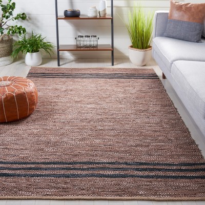 Vintage Brown and Black Handmade Leather and Cotton Rug, 8' x 10'